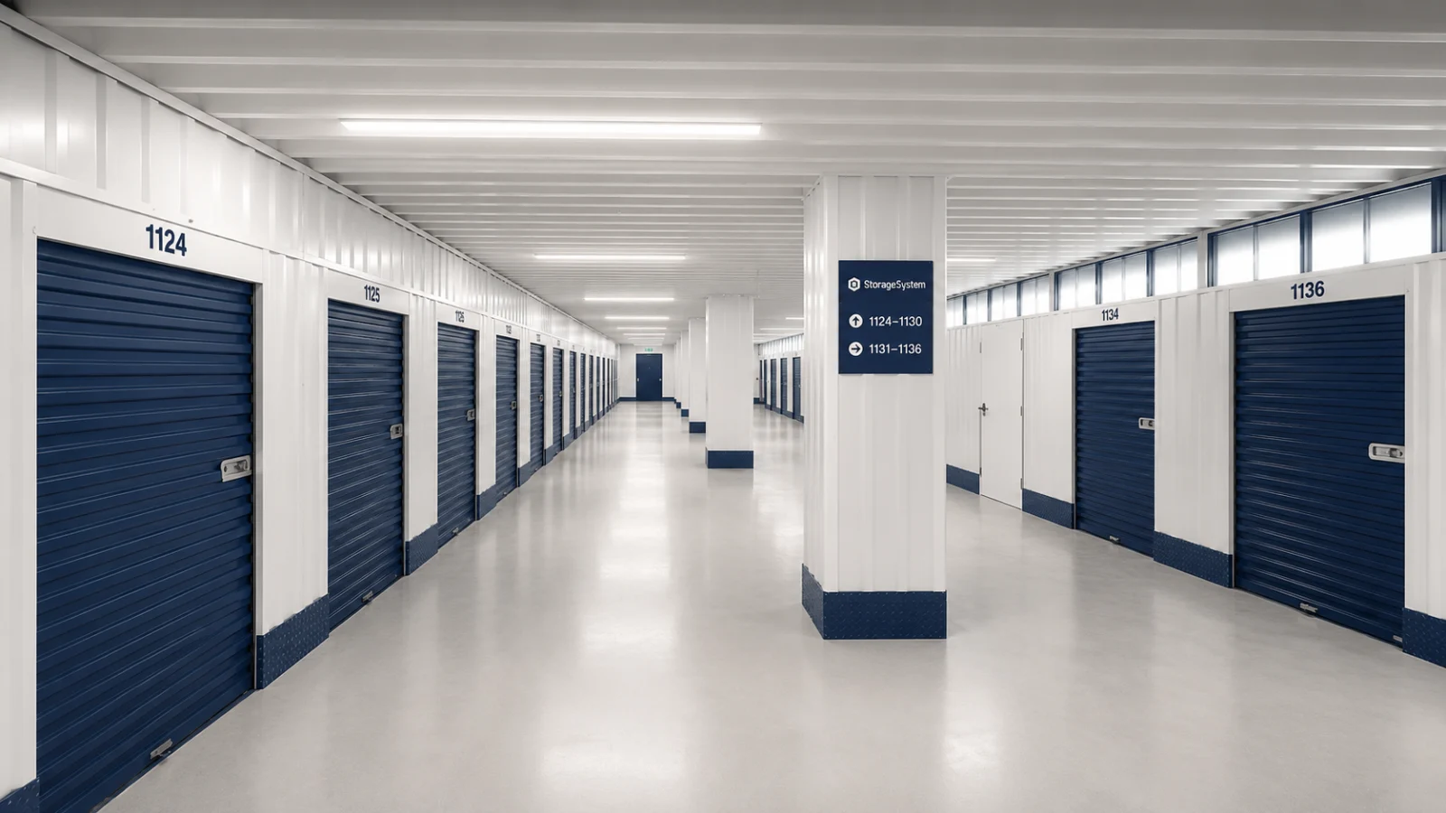 Wizualizacja hali self storage z granatowymi bramami boksów